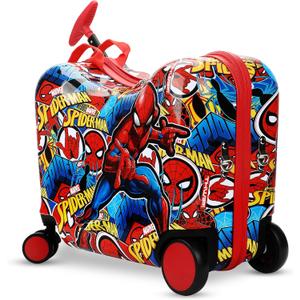 Bioworld Spider-Man Ride-On Suitcase for Kids, 18-Inch Hardside Luggage | Kids ride-on luggage with built-in seatbelt, retractable handle, child grab handle, interior valet straps and rolling wheels