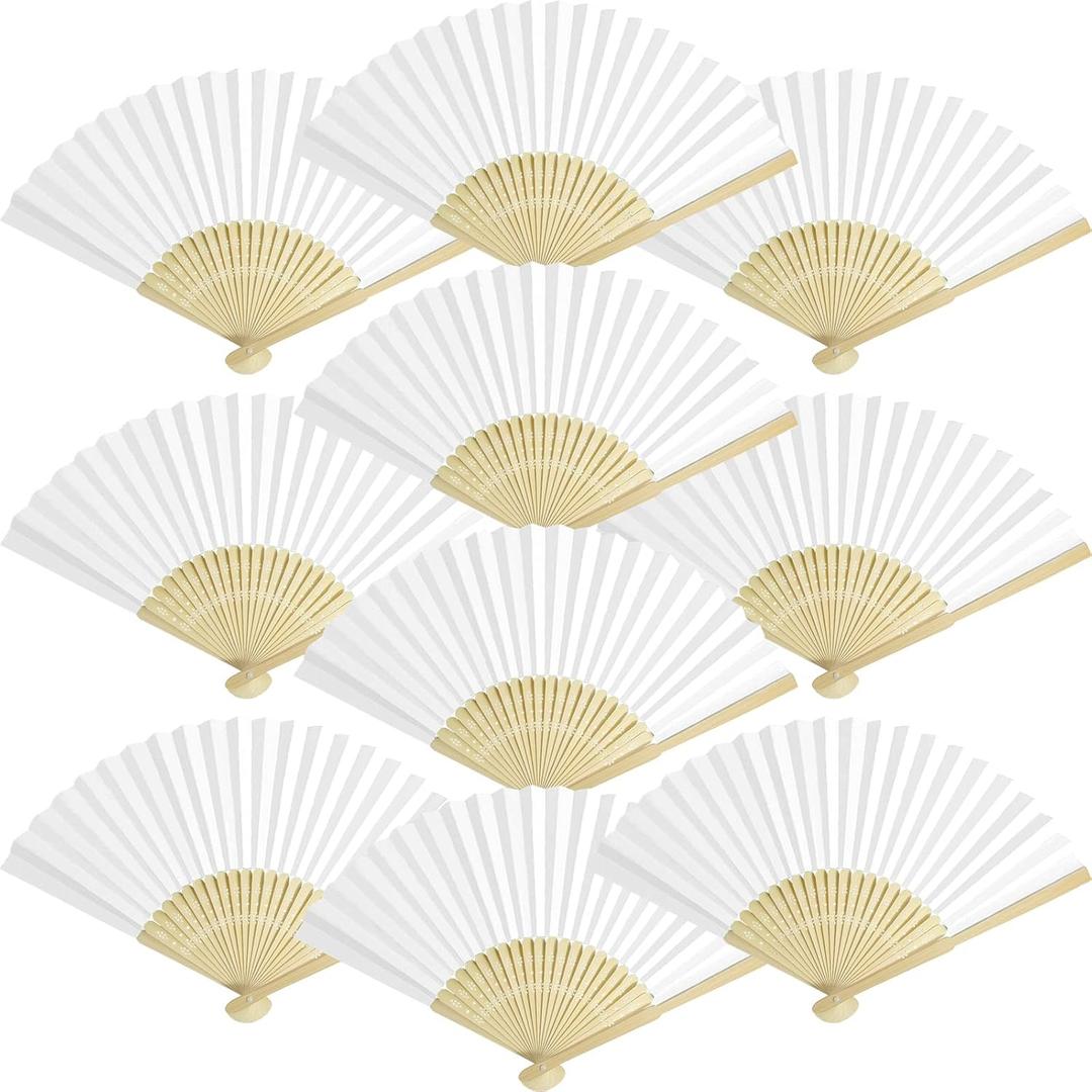 50 Packs White Paper Fans Paper Hand Fan Bamboo Folding Fan Handheld Fan Paper Folded Fan Paper Fan for Wedding Party and Home Decoration