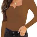 Chunpin Women's Short Sleeve Bodysuit Square Neck Notch V Neck Bodysuits Double Lined Tops Going Out Outfits Thong Bodysuits (Brown, M)