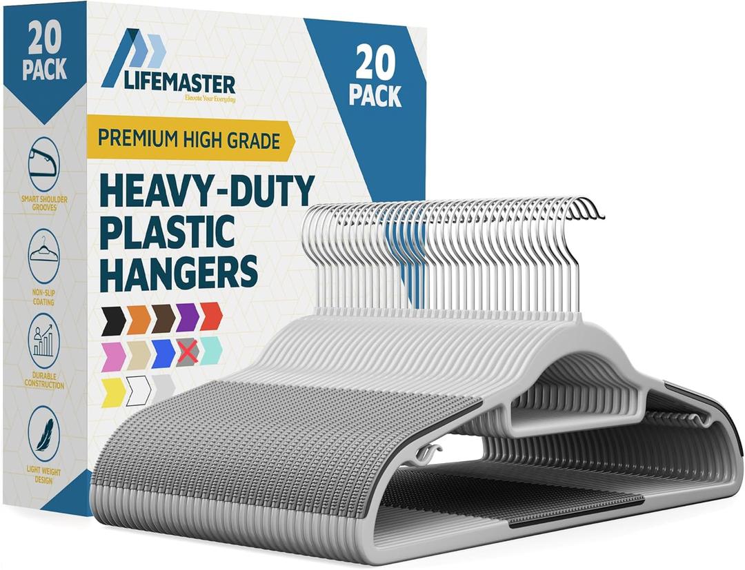 Lifemaster Plastic Clothes Hanger Set - 20 Pieces Versatile, Lightweight, Space-Saving, Non-Slip, Slim Designed, Dry and Wet Clothes Hanger Set with 360 Swivel Hook and Rubber Coating - Gray