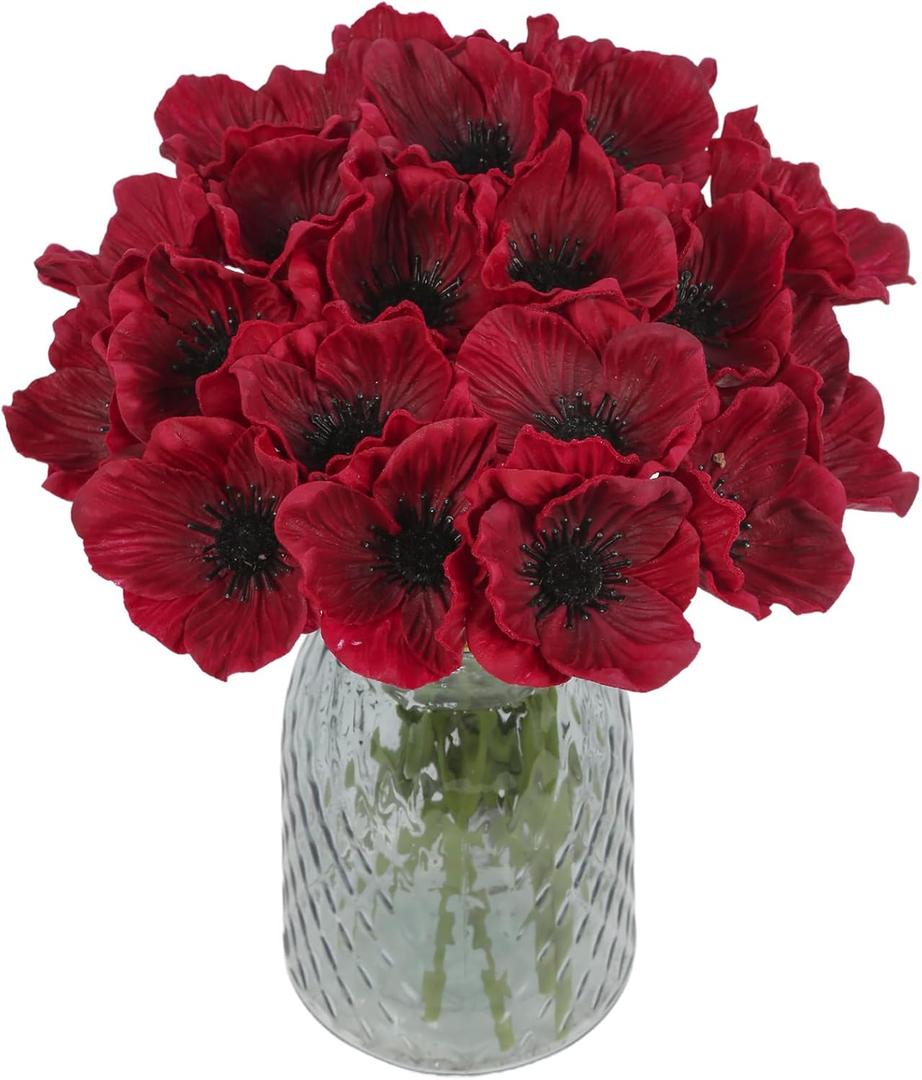 IPOPU Burgundy Poppy Flowers 20pcs Artificial Poppies PU Real Touch Faux Poppy Bulk Fake Flower Arrangements for Wedding Centerpieces, Home Table, Bridal Shower Party Decorations(Burgundy)