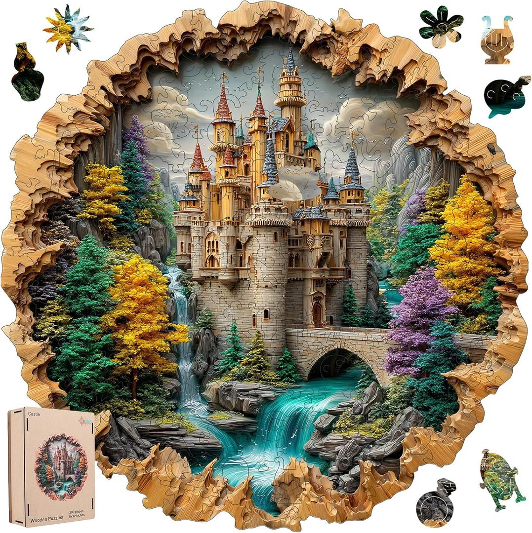 MEATRN Castle 200 Pieces Wooden Puzzles for Adults - Majestic Autumn Castle Landscape Jigsaw Puzzles, Premium Stress Relief Brain Teaser & Premium Decorative Gift, 11.2x11.2 in (Small)