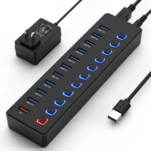 USB hubPowered USB hub, 11-Port hub Splitter10 USB 3.0 Data Transfer Port + 1 Smart Charging Port, Independent Switch (with LED Working Indicator) USB 3.0 Hub Powered with Power Adapter for Mac/PC