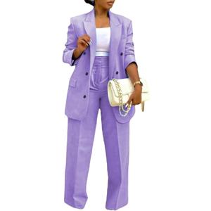 Vakkest Pant Suits for Women Dressy 2 Piece Outfit Business Casual Blazer Jackets and Wide Leg Work Office Slacks Set (XX-Large, Purple)