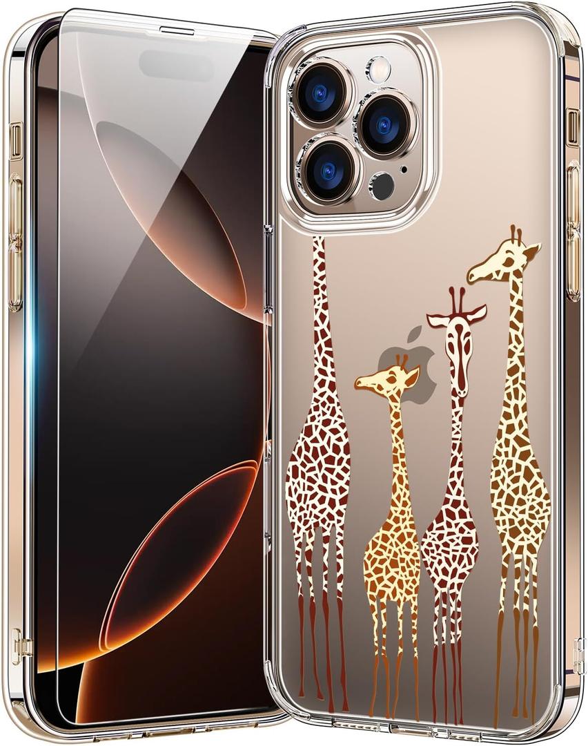 bicol for iPhone 16 Pro Case with Screen Protector, Enhanced Camera Protection, Crystal Acrylic Clear with Fashionable Pattern Designs for Girls Women, Slim Fit Protective Phone Cover, Cute Giraffe