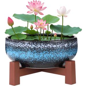 Lotus Bowl Planter with Cross Base, Ceramic Water Plant Bowl, Indoor Lotus Flower Pot with Starry Texture, Leakproof Bonsai Bowl, Hydroponic Planter for Aquatic Plants, Lilies, and Succulents
