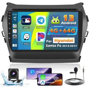 Roinvou 4+64G Android Carplay Stereo for Hyundai Santa Fe 2013-2017, 9" Touch Screen Carplay Android Auto with 32EQ Bluetooth WiFi GPS Navigation Mirror Link 1280 * 720 Resolution
