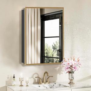 Bathroom Medicine Cabinet with Mirror, Recess or Surface Mount, Single Door Cabinet Famerhouse Bathroom Mirror with Storage Cabinet (Brush Gold, 16"x26")