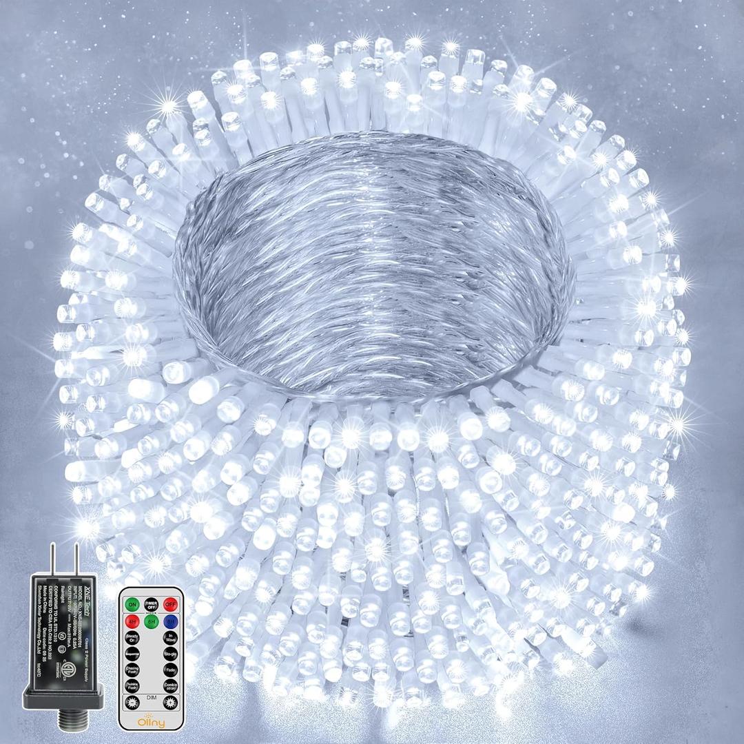 Ollny Christmas Lights Outdoor Waterproof, 1000LED 328FT Super Long String Lights with Remote 3 Timer, Plug in 8 Modes Fairy Light for Outside House Bedroom Xmas Decorations, Cool White