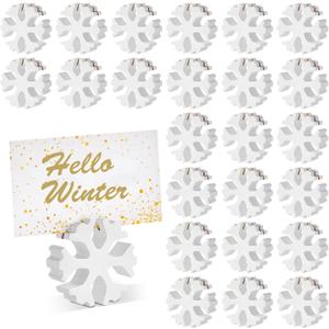 Kigley 24 Pcs Mini Christmas Snowflake Card Holders 2.17'' Xmas Wooden Table Number Holder Winter Snowflake Wood Table Sign Picture Name Photo Holder Stand for Christmas Decoration Party Favors
