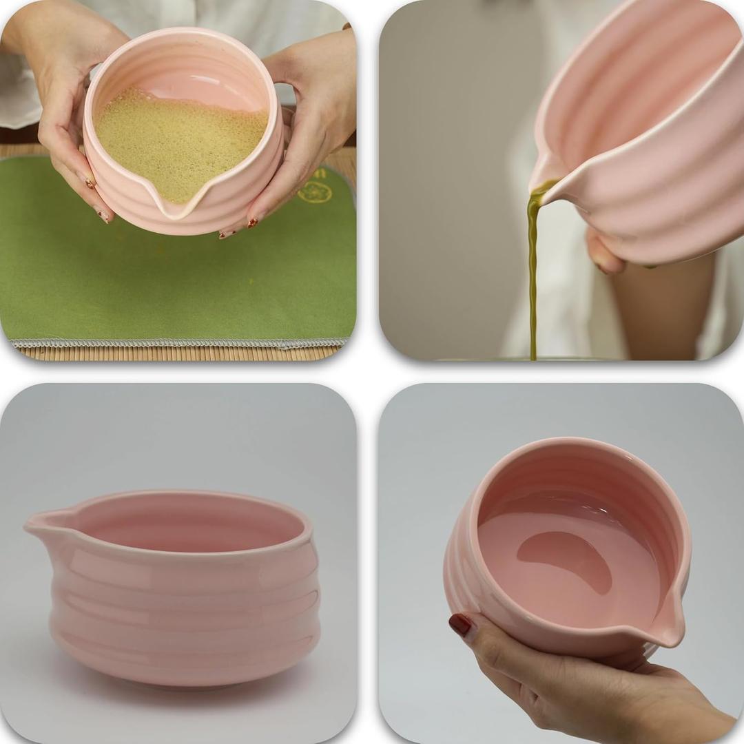 Matcha whisk Set,3 Pcs Matcha Making Kit with  Whisk, Ceramic Bowl,  Holder for Ultimate Matcha Experience(Pink)