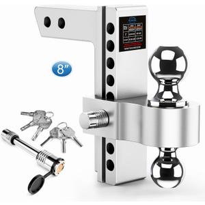 Adjustable Trailer Hitch, 8 Inch Drop Hitch Ball Mount (Fits 2-Inch Receiver), 12,500 LBS GTW, (2" & 2-5/16") Chrome Plated Steels Balls, Aluminum Tow Hitches with Two Anti-Theft Pins Locks