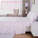 Softan Pink Floral Queen Bed Sheets, Cozy Microfiber Flower Printed Sheets with 15" Deep Pocket Fitted Sheet & Non-Slip Straps, Patterned Pink Rose - Bow Sheets & Pillowcase Set