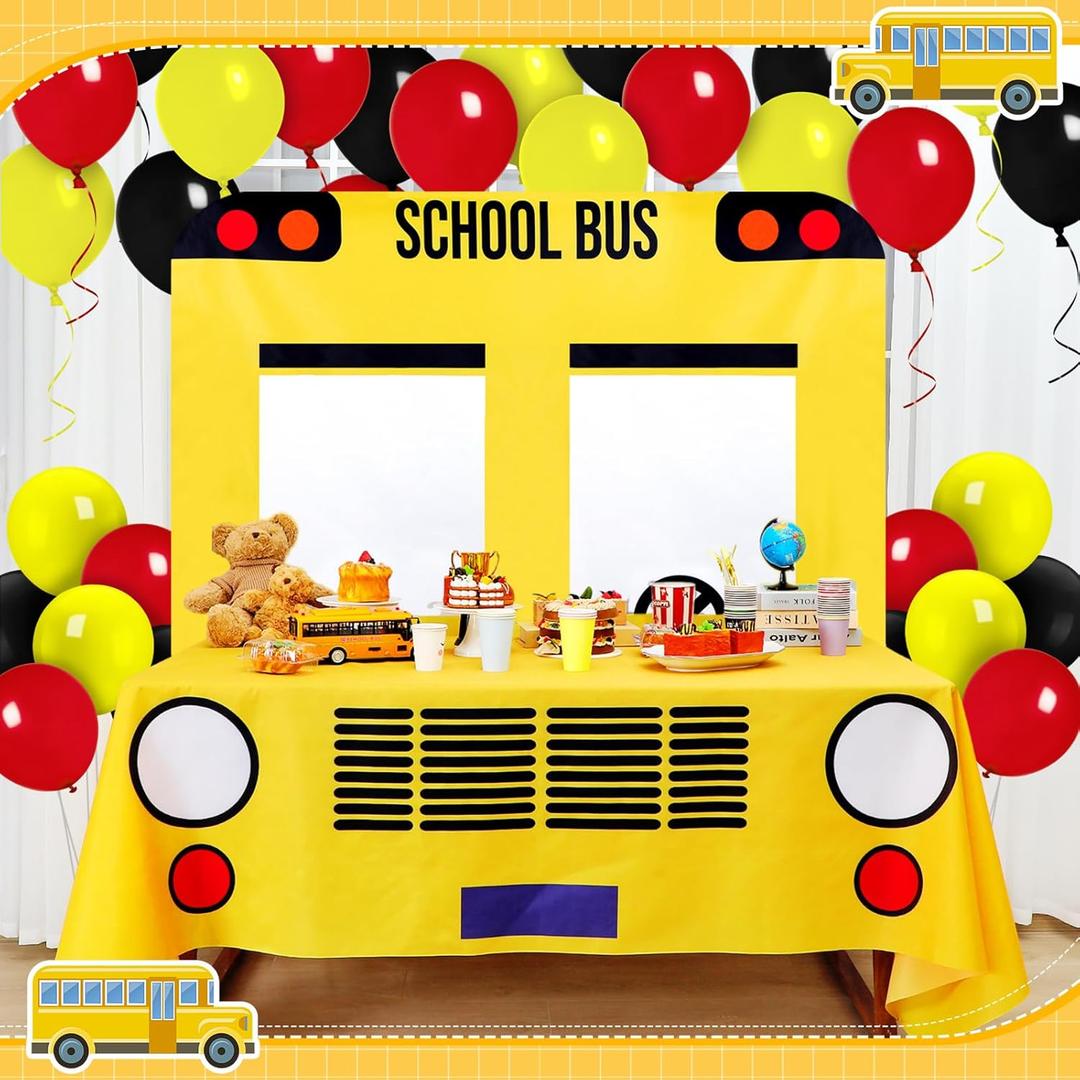 Oudain 2 Pcs School Bus Party Decorations First Day of School Banner and Tablecloth Yellow Bus Tablecover and Backdrop for Boys Girls Birthday Theme Party Favor (83.7 x 53.9 Inches)