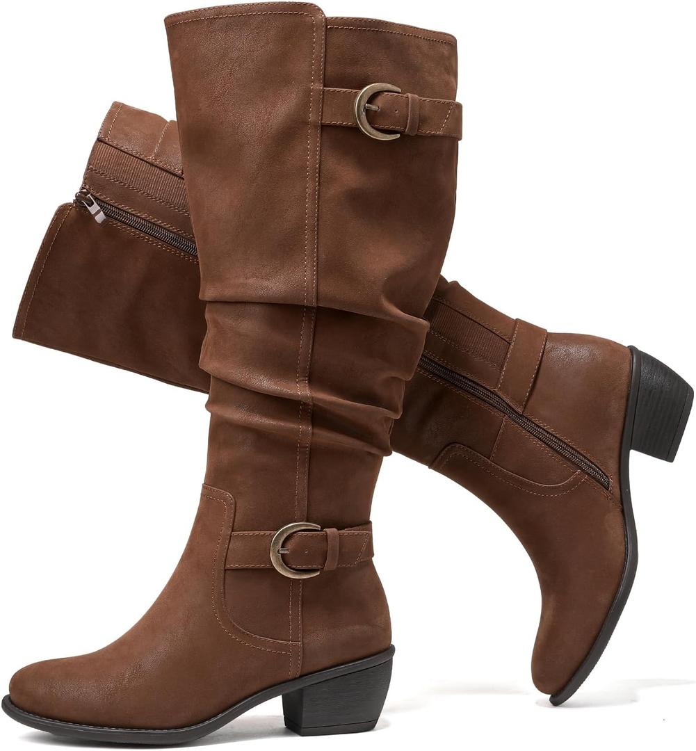 Luoika Women's Extra Wide Calf Low Heel Knee-High Boots (Tan 102, 11.5
XW
)