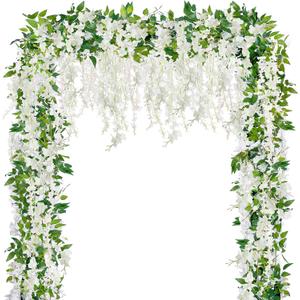Sggvecsy 6Pcs Wisteria Garland Artificial Flowers Garland Fake Hanging Wisteria Vines Rattan Silk Hanging Flower Vines for Home Garden Outdoor Wedding Arch Party Ceremony Total 35.4Ft (White)