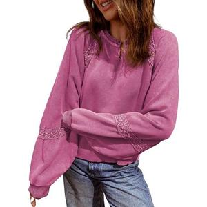 SELINK Womens Cropped Sweatshirts Lace Crochet Vintage Long Sleeve Tops Cute Notch Neck Pullover Fall Outfits, Size: Medium