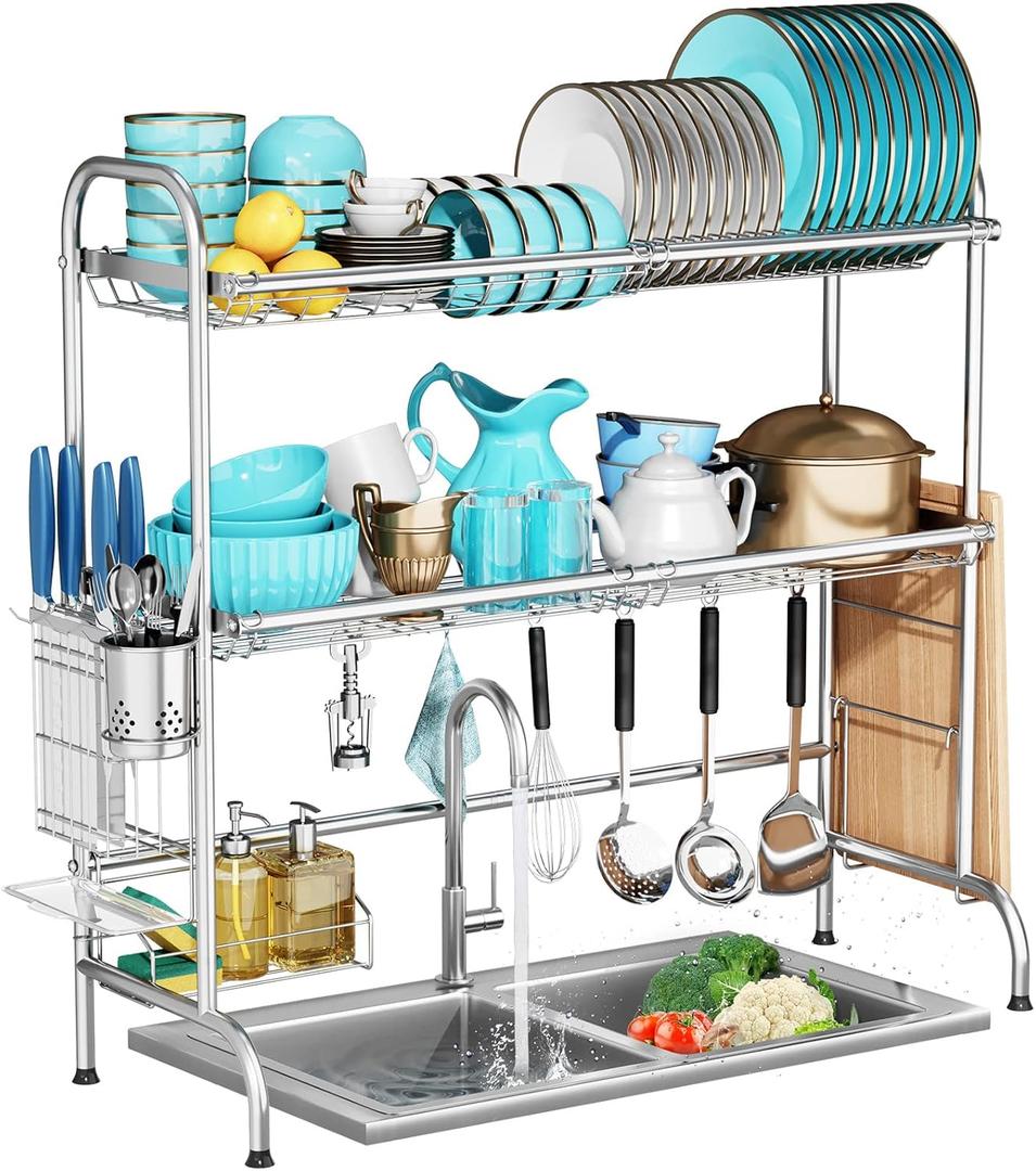 MOUKABAL Dish Drying Rack - Stainless Steel Over The Sink Dish Drying Rack (Expandable Length), 2 Tier Large Dish Rack with Utensil Holder, 32.3" - 33.9"(L) x 11.4"(W) x 32.3"(H) Silver