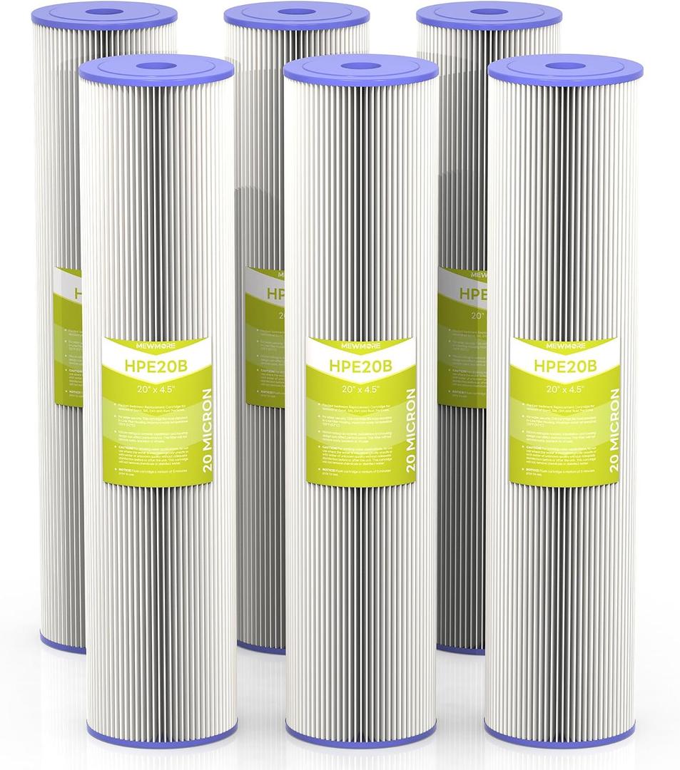 MewMore 20 Micron Whole House Water Filter Cartridge, 20" x 4.5", 6-Pack