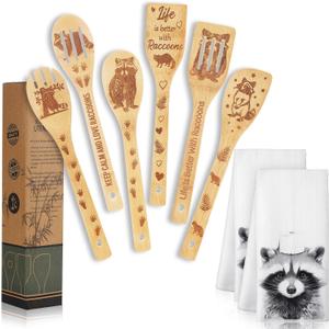 Potchen 8 Pcs Christmas Raccoon Gifts for Women Neighbor Christmas Gifts Raccoon Kitchen Hand Towels Wooden Bamboo Cooking Spoons Utensil Set for Holiday Friends Employee Housewarming Presents