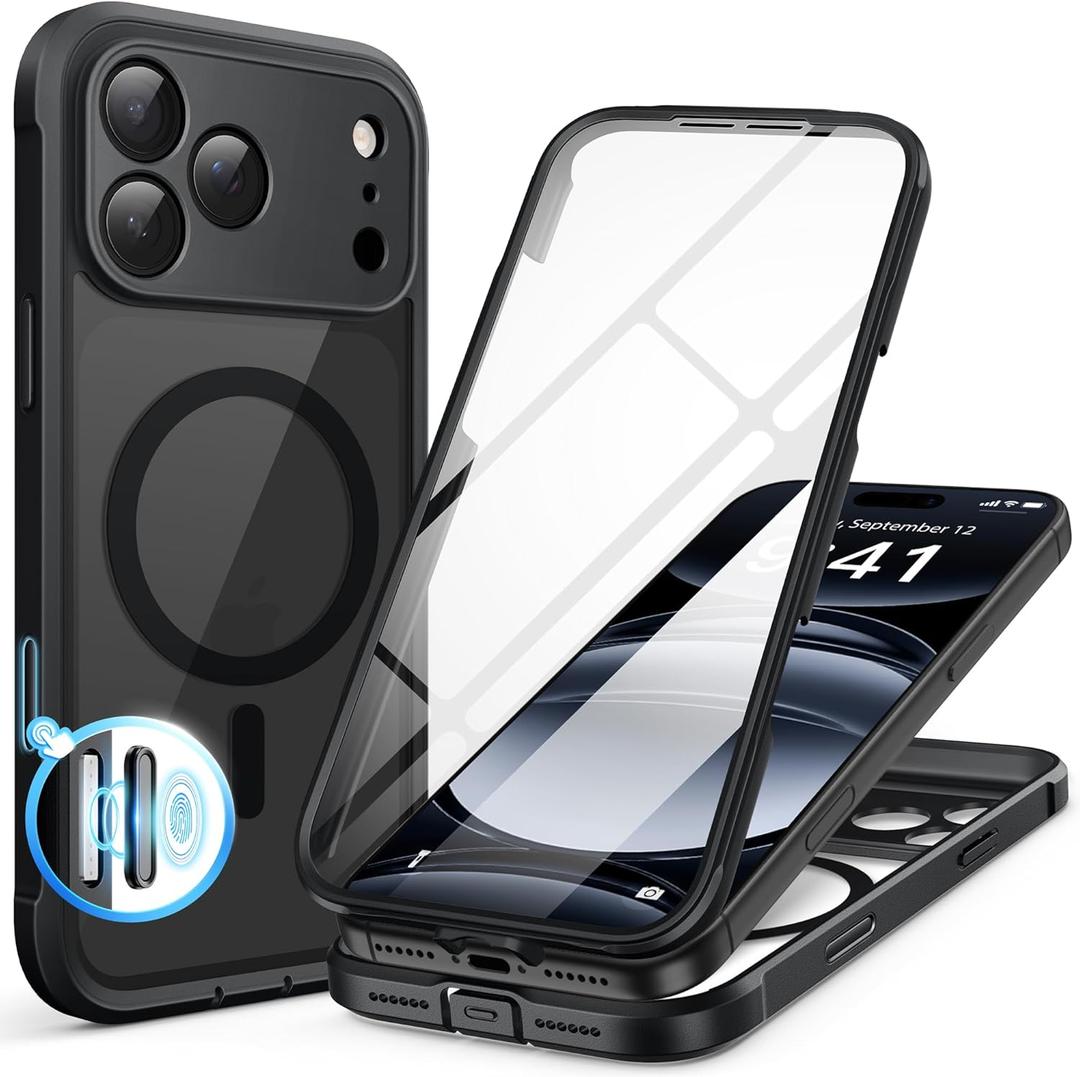 BERFY for iPhone 17 Pro Max Case, Compatible with MagSafe, Built-in 9H Tempered Glass Screen Protector and Camera Protection, Full Body Shockproof Clear Phone case for 17 Pro Max 6.9", Black
