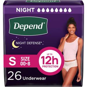 Depend Night Defense Adult Diapers, Incontinence & Postpartum Bladder Leak Underwear for Women, Disposable, Overnight, Small, Blush, 26 Count, 