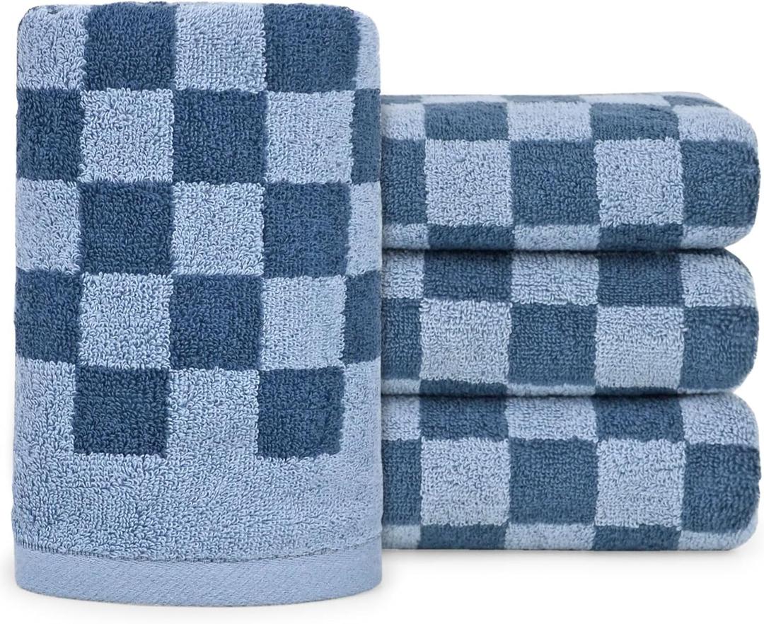 Jacquotha Bathroom Hand Towels Set of 4, Checkered Towels for Bathroom Face Hair Kitchen, Luxurious Cotton, Soft and Fluffy, 13x29 Inches, Blue, Men Women