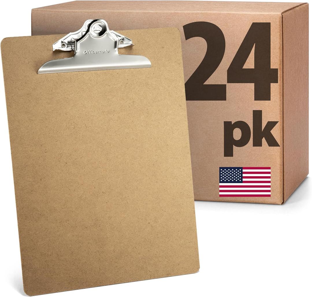 Officemate Recycled Wood Clipboards, Letter Size, 24-Pack with 6 Rust-Resistant Clips, Durable Hardboard Writing Surface, Made in USA, 9" x 12.5" (83724) (Brown)
