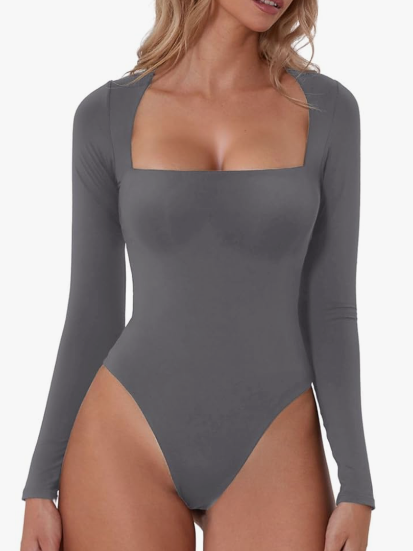 QINSEN Women's Sexy Square Neck Bodysuit Long Sleeve Double Lined Shirt Tops,M