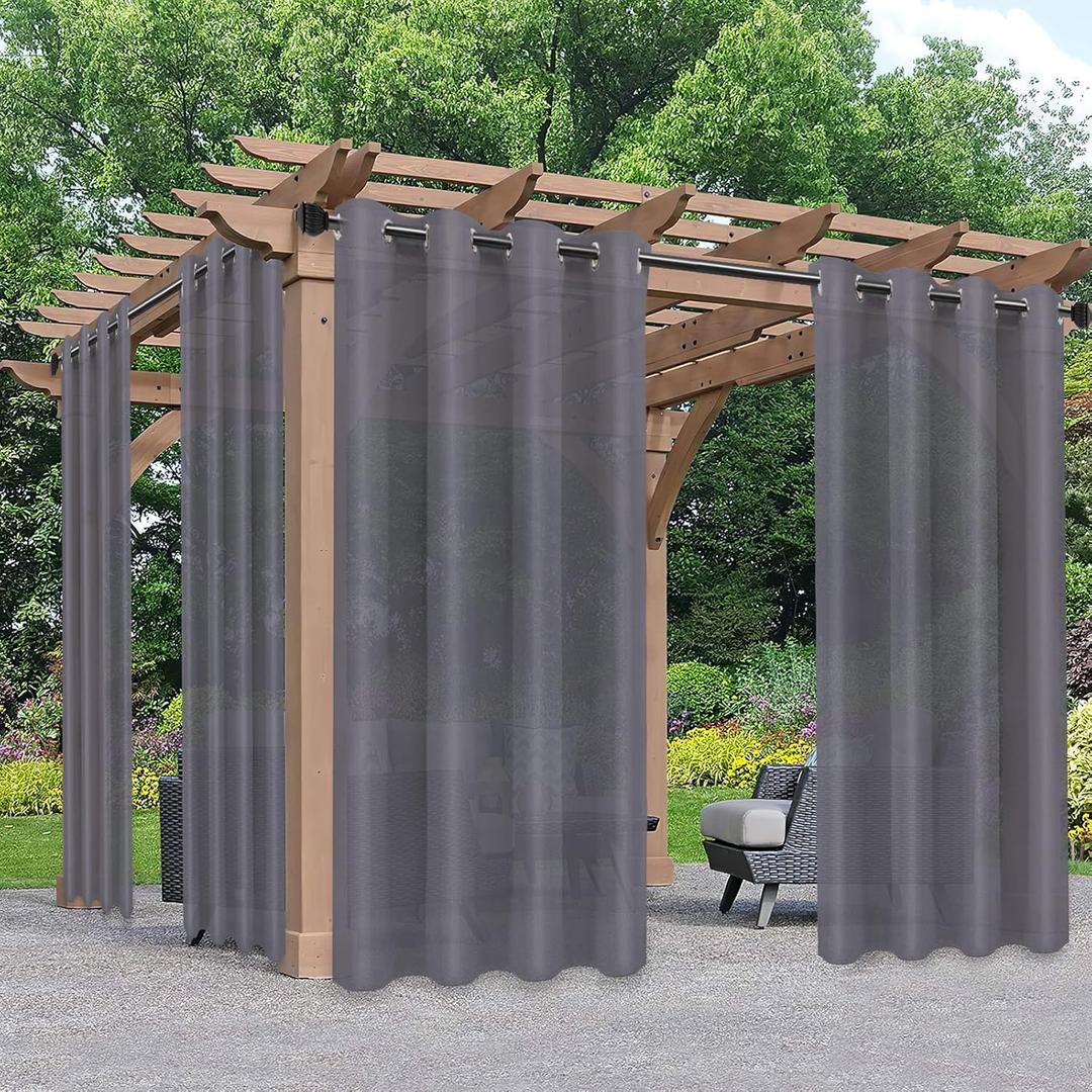 PureFit Sheer Outdoor Curtains for Patio Waterproof/Weatherproof, Fade Resistant Outside Voile Curtains for Gazebo, Front Porch, Pergola, Sun Filtering Privacy Curtain, 54 x 84 inch, Set of 2, Grey