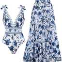 FLAXMAKER Blue and White V Neck Lace Up Strip Plant Prints One Piece Swimsuit and Skirt/Sarong, XL