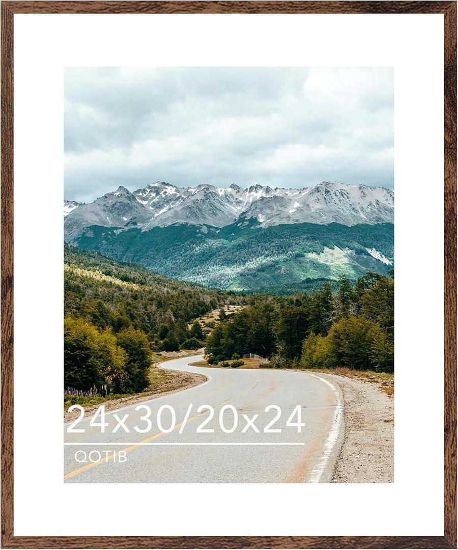 Wood 24x30 Picture Frame with 20x24 Mat, Display 20x24 with Mat or 24x30 Without Mat, Wood 24 by 30 Photo Frame, 24 x 30 Frame for Wall Hanging Display, Deep Brown