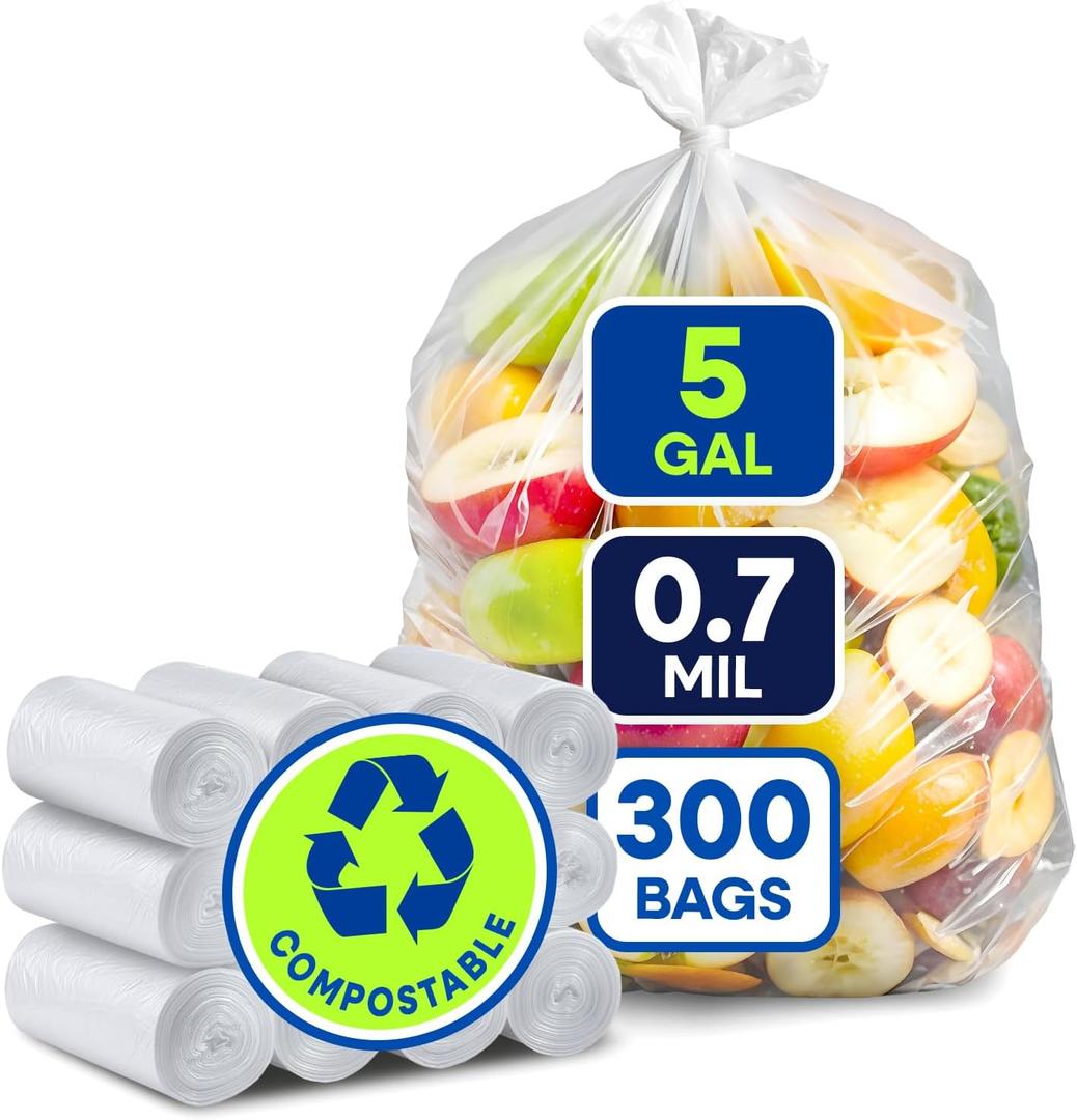 PLASTIC PRINCE 5-Gallon Compostable Trash Bags Biodegradable Trash Bags, 19.5" x 23" 0.7 Mil Can Liners 12 Rolls of 25/Roll, 300/Case