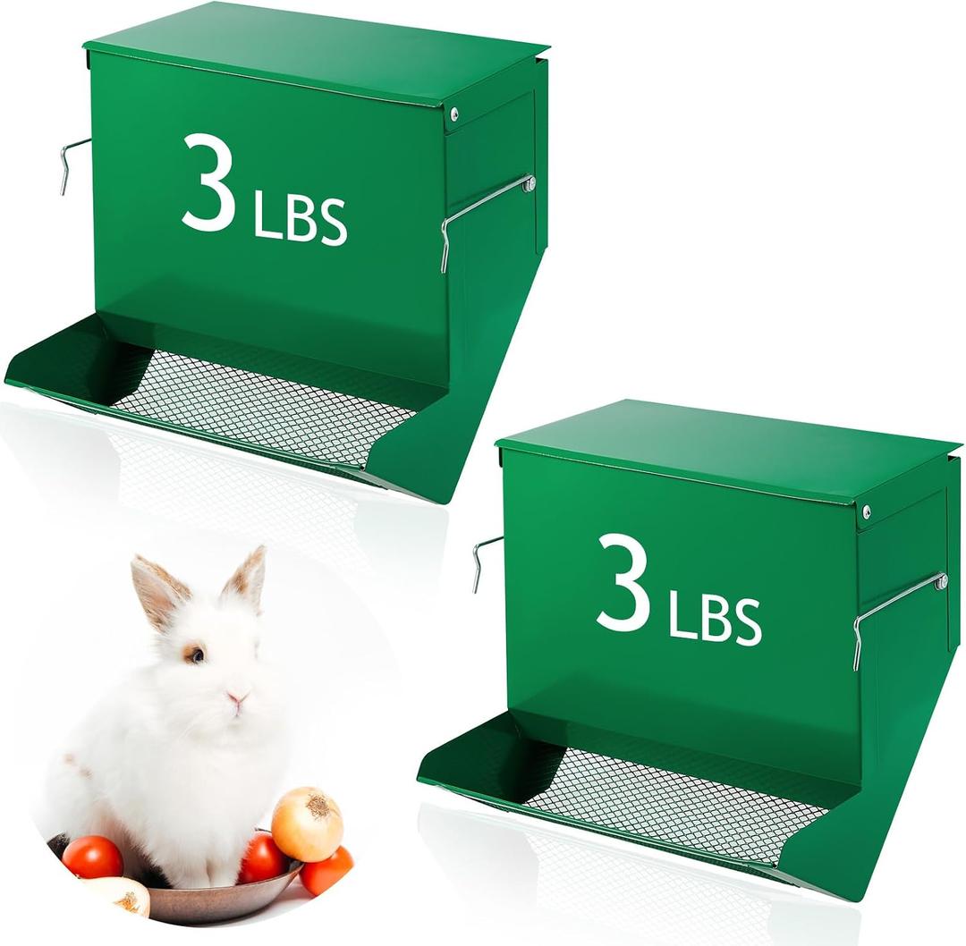 Maxcheck 2 Pcs Rabbit Feeder for Cages Small Animal Food Pellet Dispenser with Lid Metal Chicken Grit Oyster Shell Squirrel Feeders Outside(7.7 Inches,Mesh Bottom,Green)