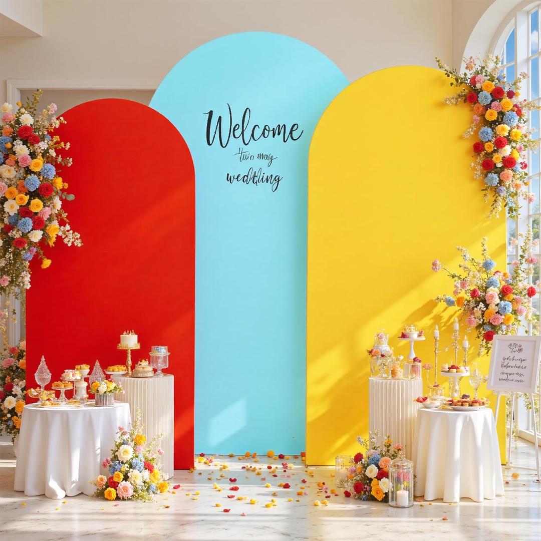7.2ft 6.6ft 6ft Rainbow Arch Cover Set of 3-Wrinkle Free Stretchy Red Yellow Blue Chiara Wedding Arch Backdrop Stand Cover for Theme Party Birthday Baby Shower Photo Photography Background Cover