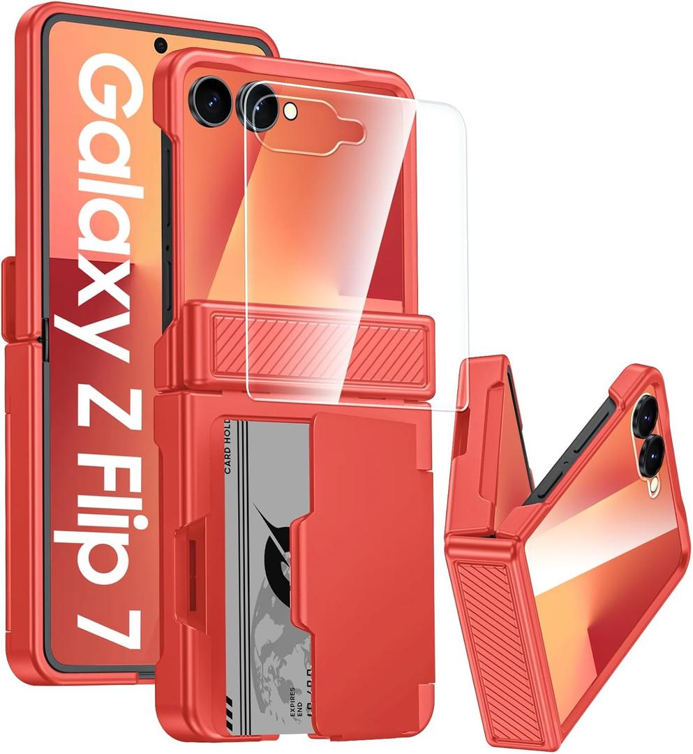 GooseBox for Samsung Galaxy Z Flip 7 Case Wallet RFID Card Holder&Hinge Protection&HD Screen Protector, Full Body Shockproof Cover for Galaxy Z Flip 7(Coral Red)