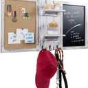 MyGift Wall Mounted Shabby White Washed Wood Entryway Bulletin Board Combo Set with Chalkboard, Cork Board, 2 Storage Display Shelves and 3 Key Hooks, Family Command Center Wall Organizer