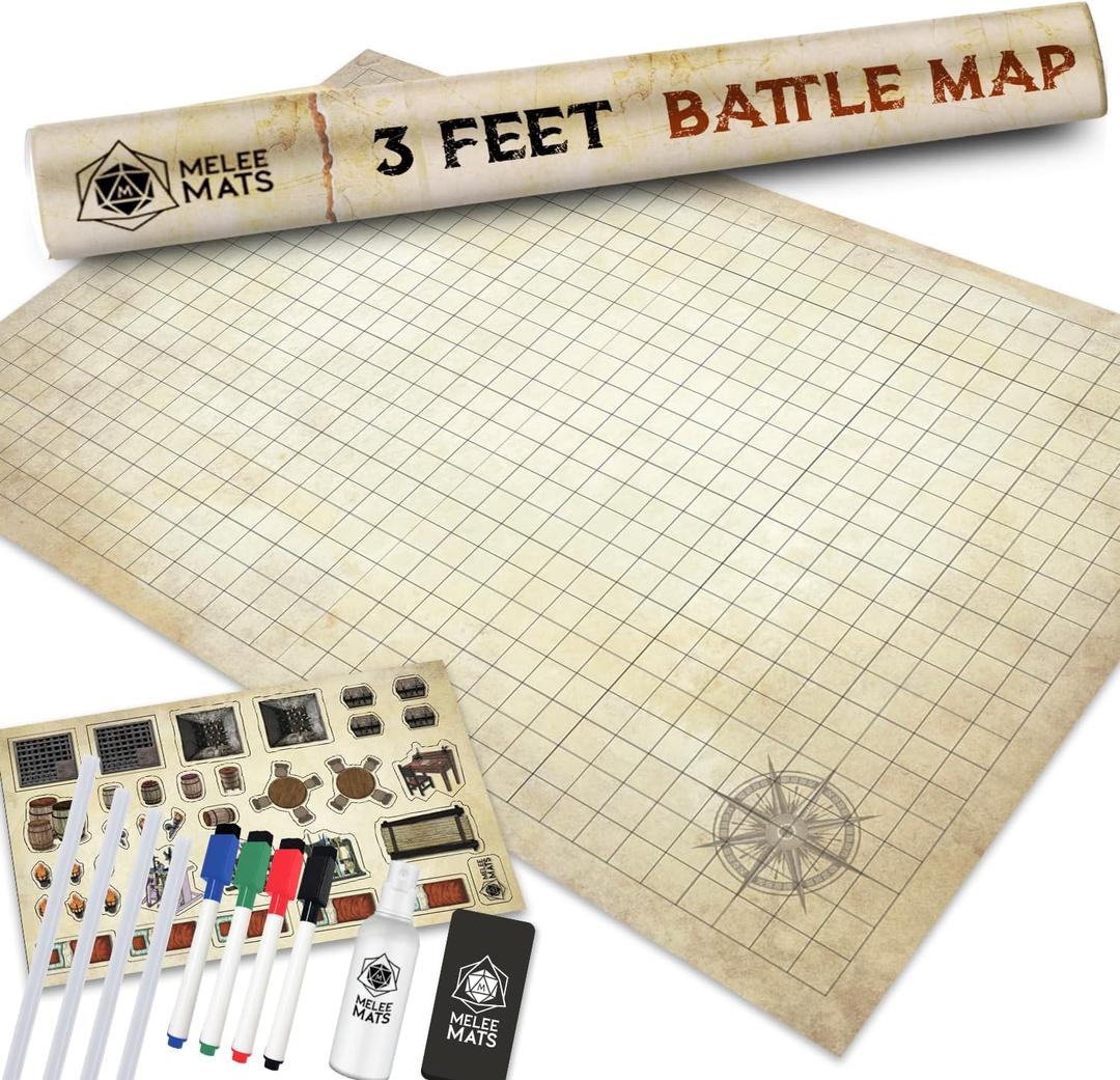 Melee Mats DND Map Starter Set - 24 x 36", Wet & Dry Erase Battle Terrain Grid for Dungeons and Dragons - Ultimate Tabletop Gaming Experience with Accessories