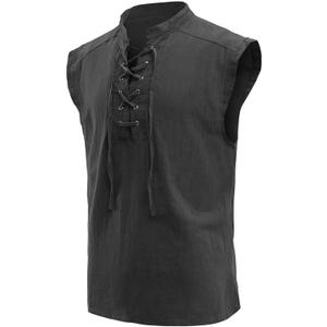 mogenda Mens Medieval Renaissance Pirate Costume Sleeveless Lace-up Stand Collar Shirt Gothic Viking Steampunk Top Tunic (Medium, Black)
