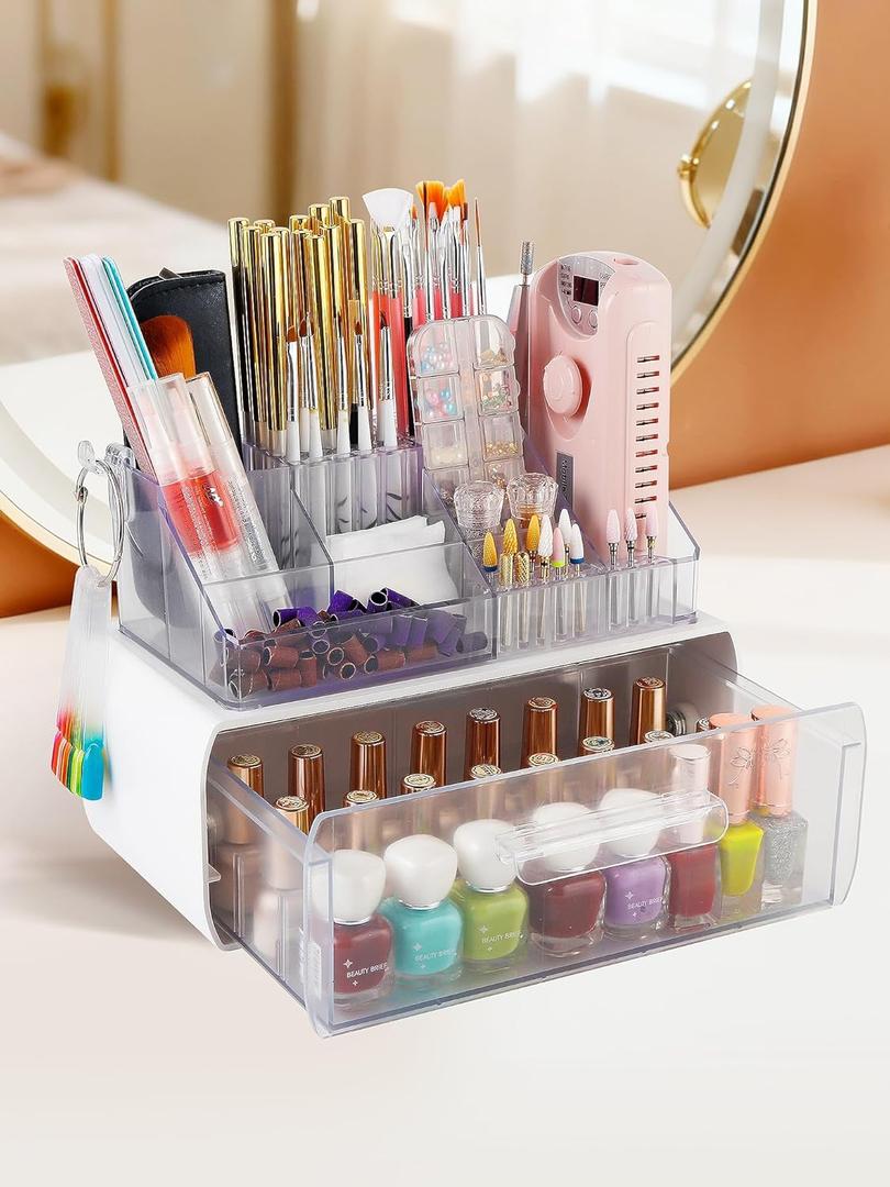 LIARTY Nail Drill Holder with Drawer: Acrylic Nail Drill Bits Holder Makeup Organizer Case for Brush - Beauty Cosmetic Storage Box for Dresser Countertop and Bathroom Vanity