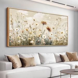 FUHAIHUA Large Wall Decor for Living Room Canvas Wall Art for Office Modern Wall Decorations for Bedroom Beige Wildflower Meadow Landscape Painting Farmhouse Pictures Artwork Room Home Decor 24x48 in