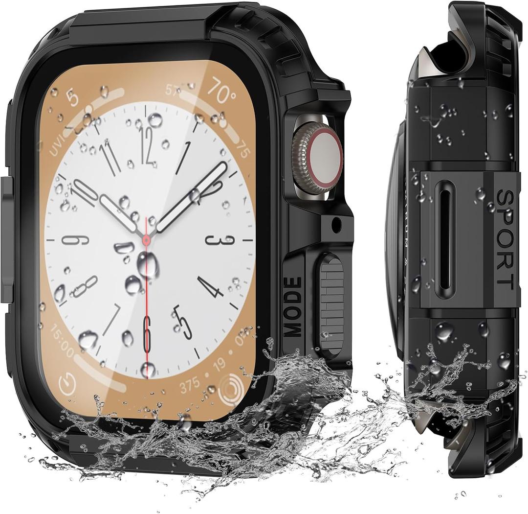 Rugged Armor Waterproof Case for Apple Watch Screen Protector 45mm Series 9 8 7 Accessories with HD Tempered Glass,Metal & PC Bumper Shockproof Protective Face Cover Compatible iWatch Men (Black/Graphite)