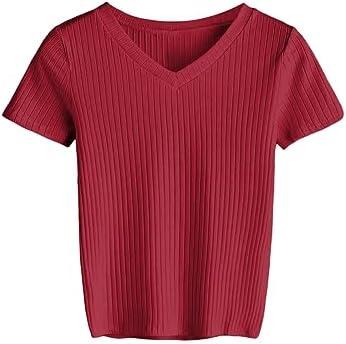 SweatyRocks Women's Basic Short Sleeve V Neck Ribbed Knit Crop Top Tee Shirt Size L