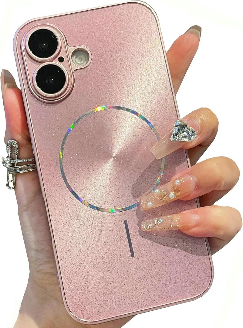 JANDM Magnetic for iPhone 16 Pro Max Case (Compatible with MagSafe) Full Camera Protector Thin Slim Glitter Sparkle Anti-Scratch Shockproof Women Men Protective Phone Case Pink