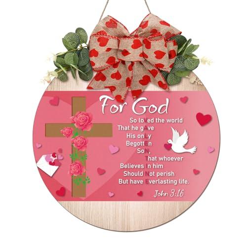 Lineshading Christian Valentine's Door Sign Religious for God Love John 3:16 Pink Valentines Day Decorations Rustic Bible Verse Wooden Bow Hanging Plaque Wreaths for Wall Yard Lawn Porch Decor