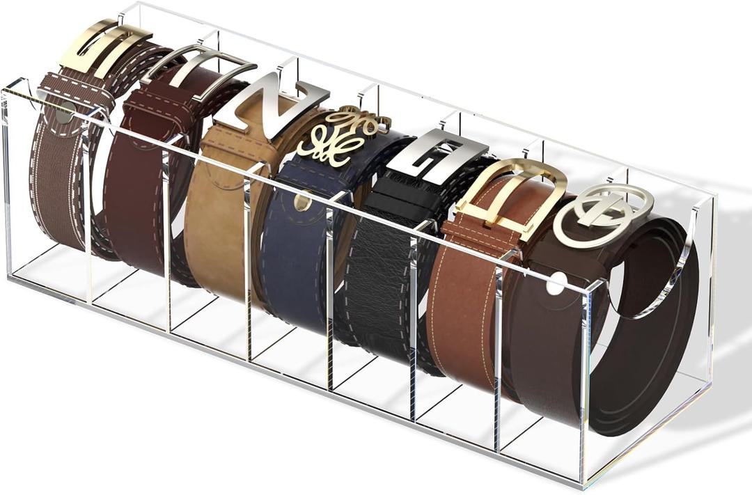 FEMELI Belt Organizer, Acrylic 7 Compartments Container Storage Holder, Clear Display Case for Closet Tie and Bow Tie