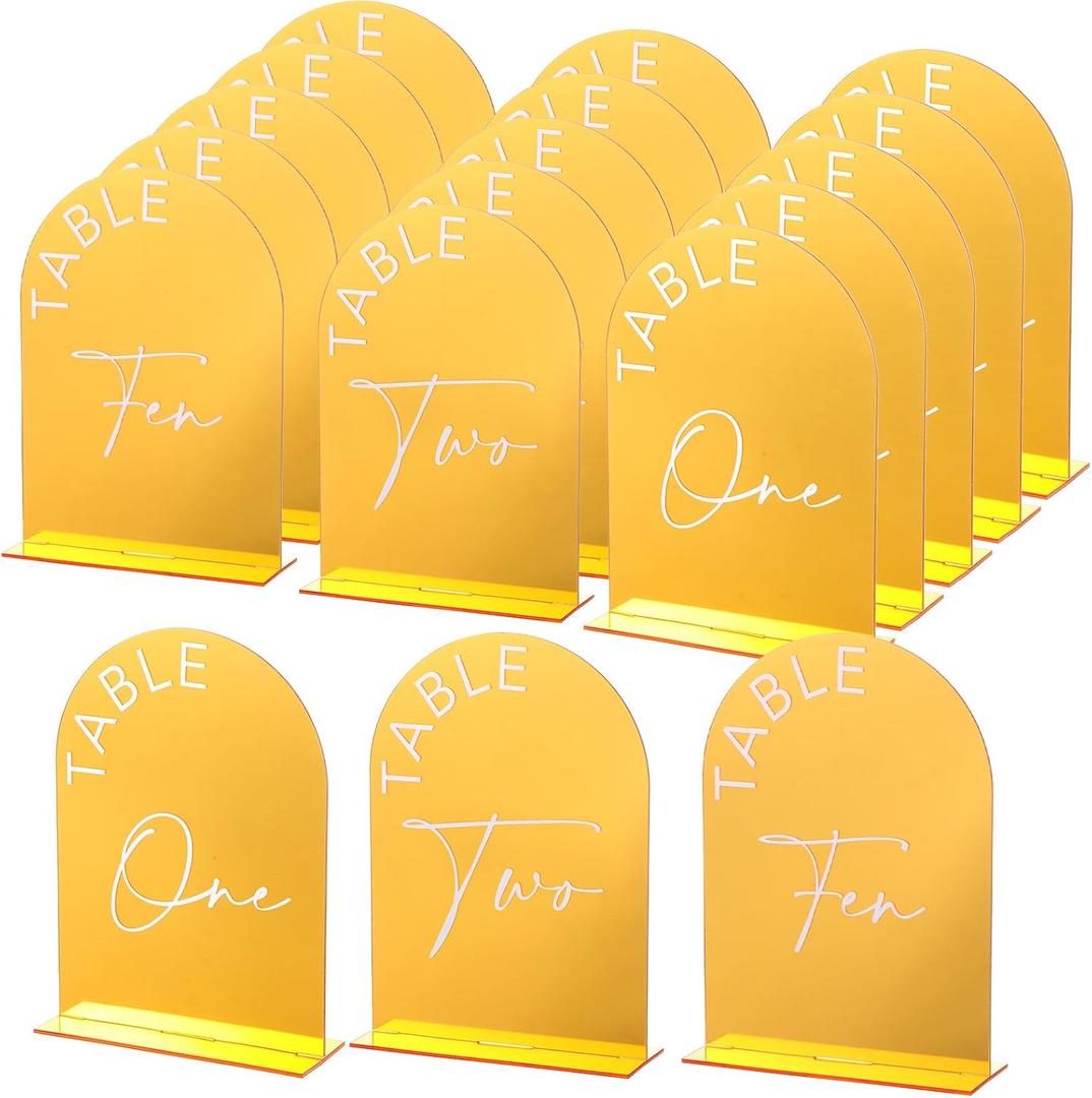 Wedding Table Numbers 1-20, Gold Mirror Arch Table Numbers 5 x 7 inch with Stands, 1-20 Gold Acrylic Tables Number Holders for Wedding Receptions, Parties, Anniversaries and Events