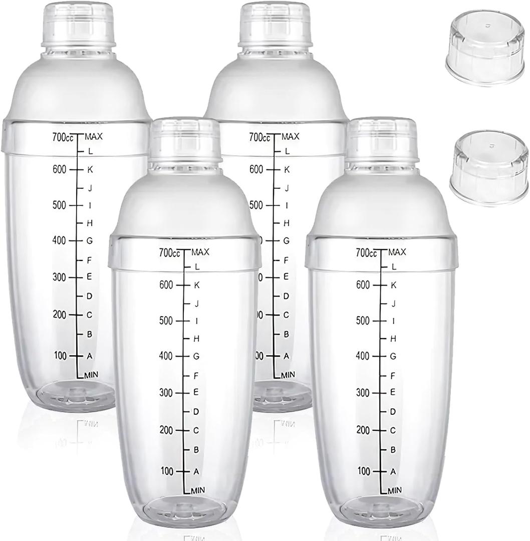 Cedilis 4 Pack Plastic Shaker Cocktail with Extra 2 Cap, 700cc / 24 oz Clear Boba Tea Shaker Matcha Shakers Cup for Milk Wine Coffee Mixing, Bar Tool Hand Drink Mixer with Scales