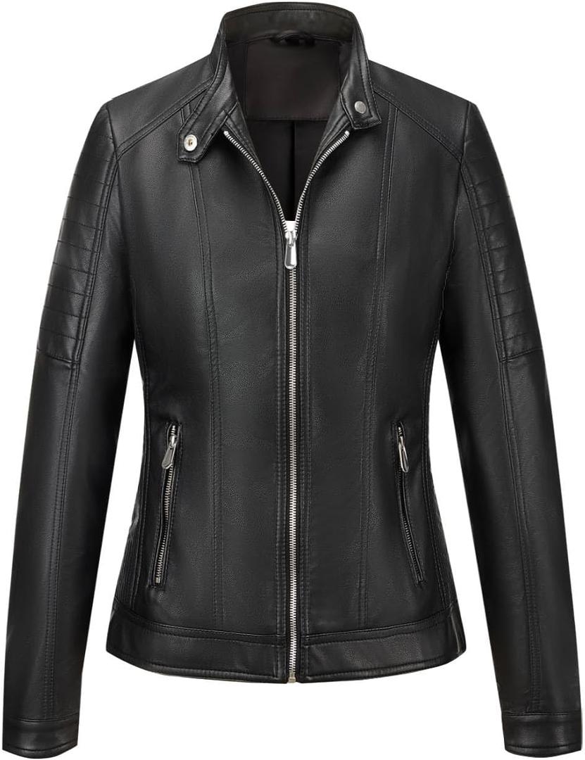 Giolshon Faux Leather Short Jacket Women Fall and Winter Fashion Motorcycle Biker Casual Slim Bomber Coat (XX-Large, Light Black)