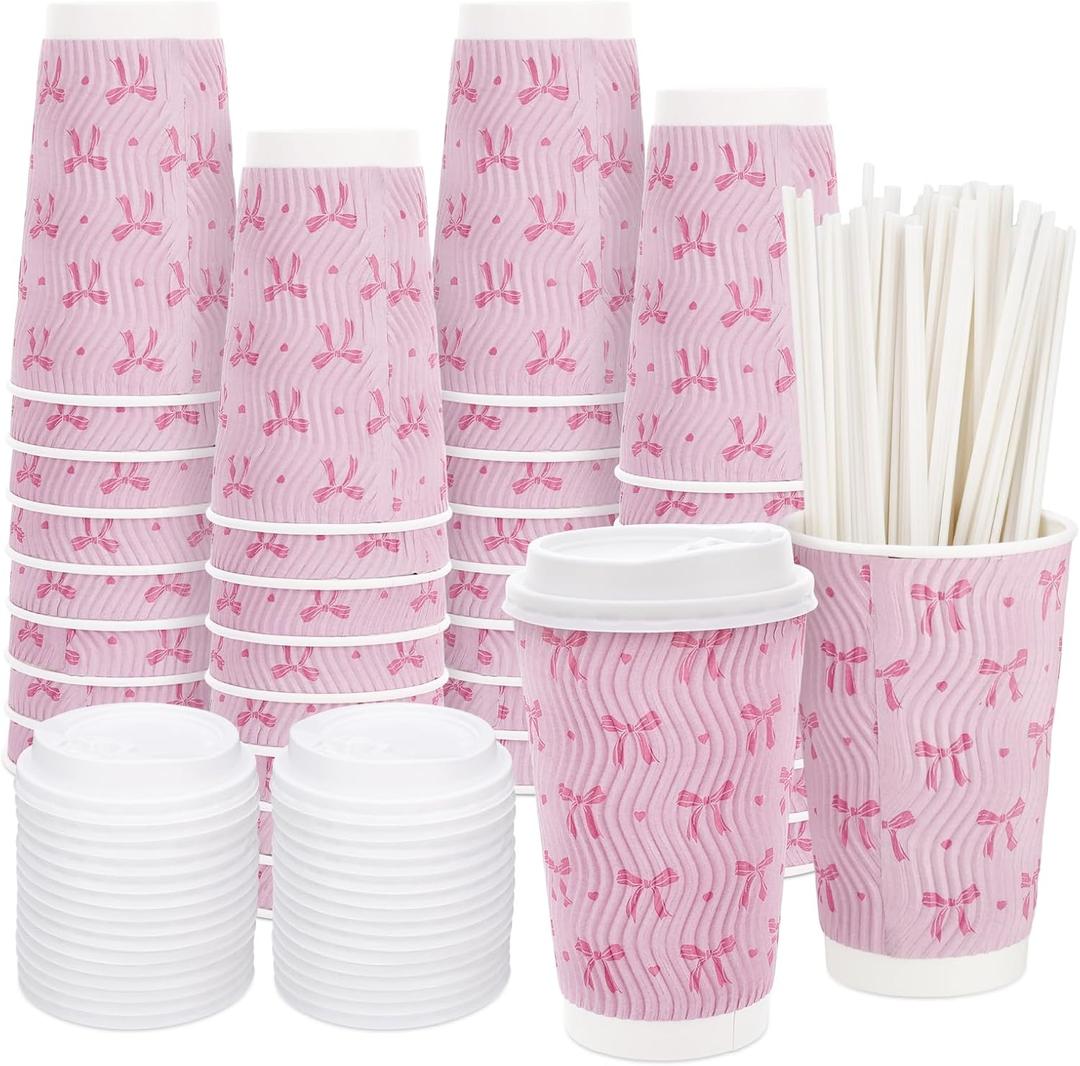 50 Set 16 Oz Pink Bow Disposable Coffee Cups with Lids and Straws Coquette Bowknot Corrugated Paper Drinking Cups for Hot Cold Drinks Birthday Baby Shower Bachelorette Party Supplies